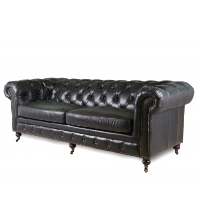 Canape Chesterfield cuir noir patine "Lancelot"