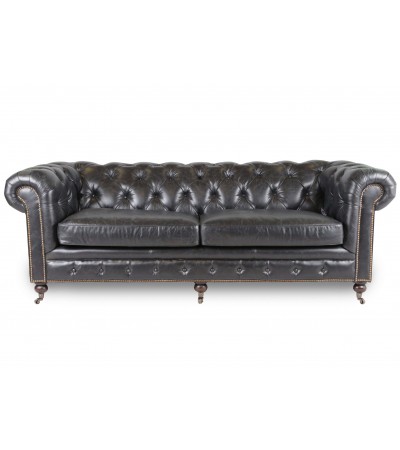 Canape Chesterfield cuir noir patine "Lancelot"