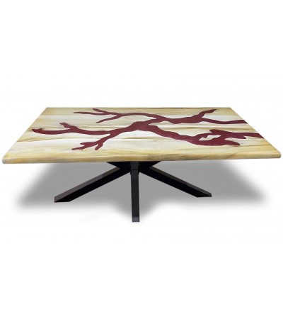 Table à diner en bois massif et époxy rouge 180 cm, "Capucine"