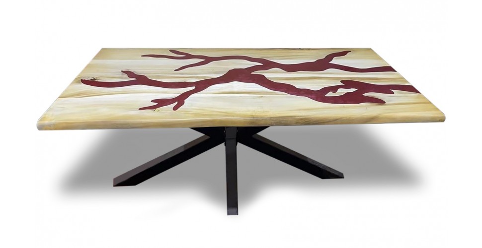 Table a diner en bois massif et epoxy rouge 180 cm, "Capucine"