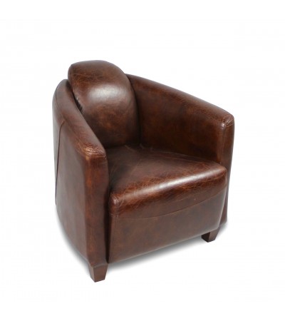 Fauteuil club avec son pouf cuir vintage marron "Joe"