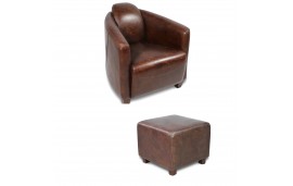 Fauteuil club avec son pouf cuir vintage marron "Joe"