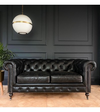 2-Sitzer Chesterfield-Sofa aus schwarzem Vintage-Leder "Lancelot"