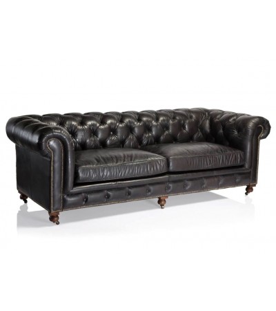Canape Chesterfield cuir noir patine "Lancelot"