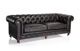 Canape Chesterfield cuir noir patine "Lancelot"