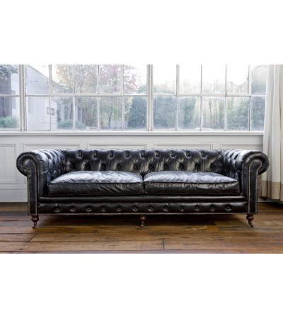 Canape Chesterfield cuir noir patine "Lancelot"