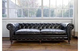 Canape Chesterfield cuir noir patine "Lancelot"