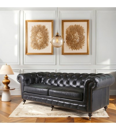 Chesterfield Sofa patiniert schwarzes Leder "Lancelot"