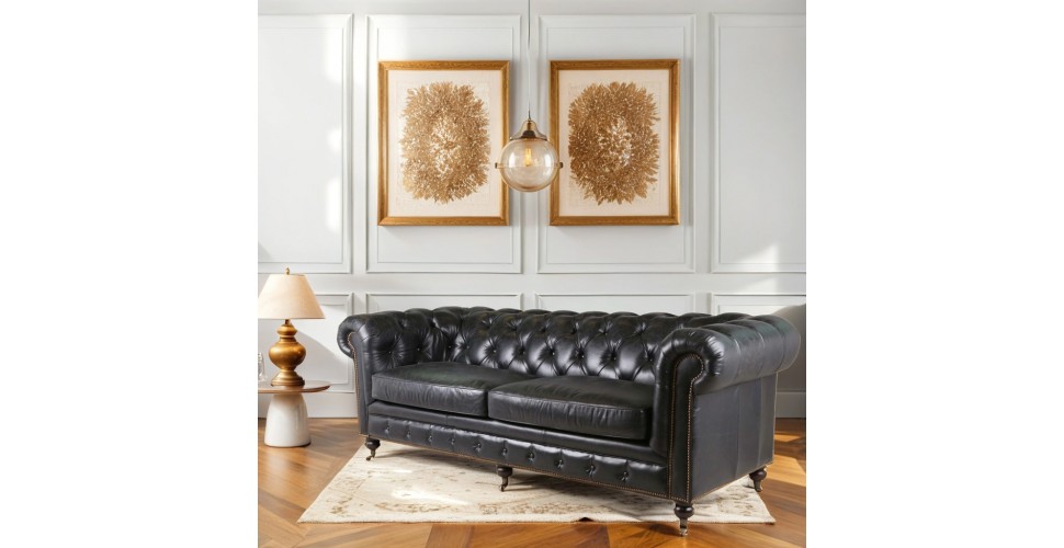Canape Chesterfield cuir noir patine "Lancelot"