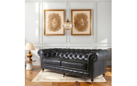 Canape Chesterfield cuir noir patine "Lancelot"