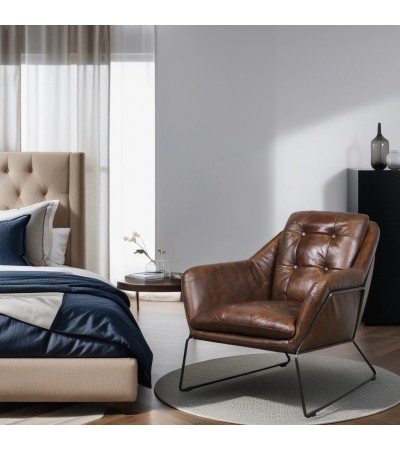 Fauteuil Club en cuir brun style cosy "Charlotte"