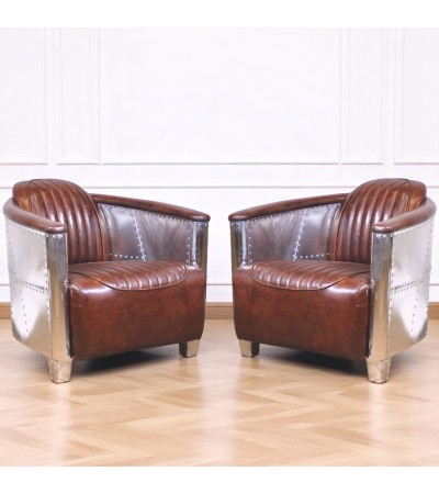 Lot de 2 Fauteuils aviateur cuir marron - collection Montgomery