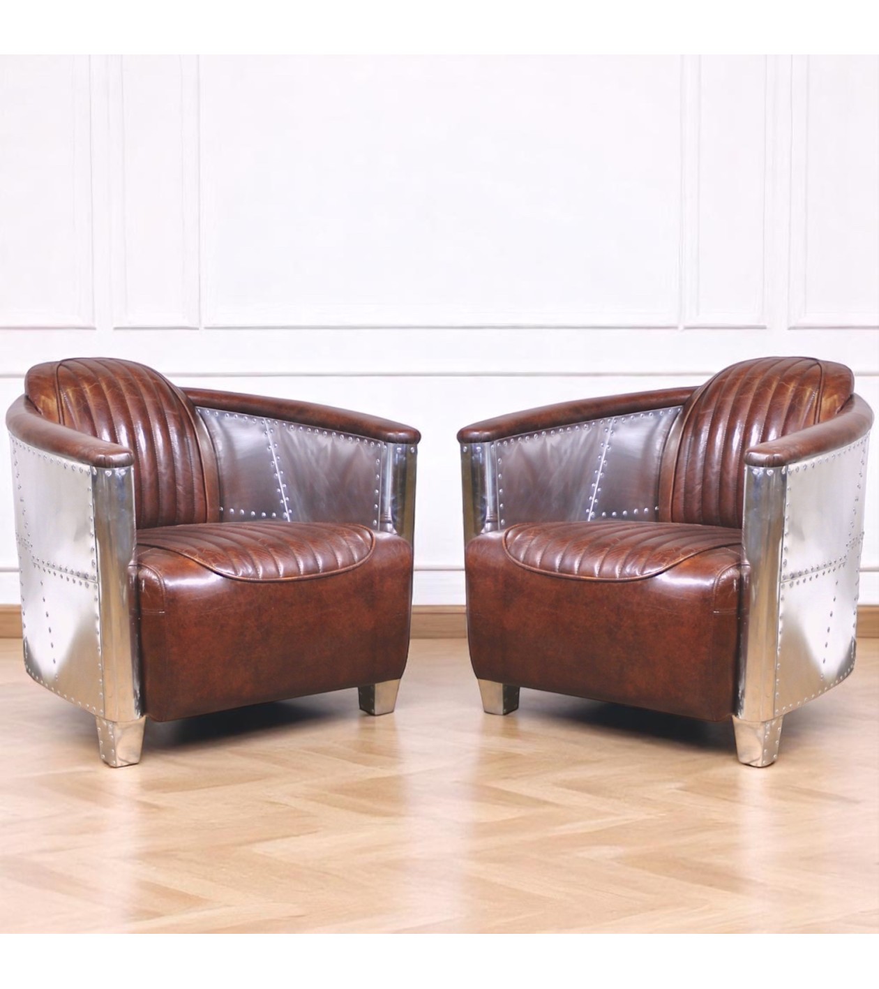 Lot de 2 Fauteuils aviateur cuir marron - collection Montgomery