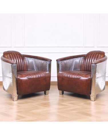 Lot de 2 Fauteuils aviateur cuir marron - collection Montgomery