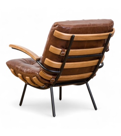 Design Sessel aus braunem Leder und geschnitztem Holz "Rhys"