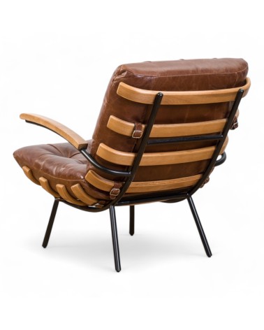 Design Sessel aus braunem Leder und geschnitztem Holz "Rhys"