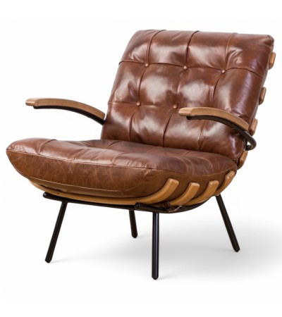 Design Sessel aus braunem Leder und geschnitztem Holz "Rhys"