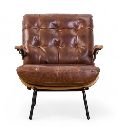 Design Sessel aus braunem Leder und geschnitztem Holz "Rhys"