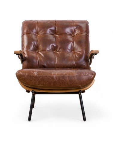 Design Sessel aus braunem Leder und geschnitztem Holz "Rhys"