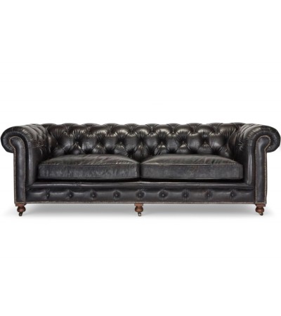 Canapé Chesterfield cuir noir patiné "Clyde" Canapé Chesterfield cuir noir patiné "Clyde"