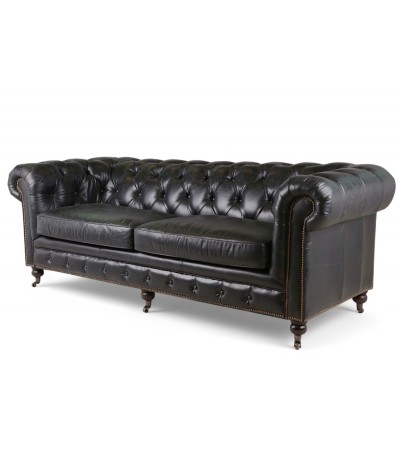 Canapé Chesterfield cuir noir patiné "Clyde" Canapé Chesterfield cuir noir patiné "Clyde"
