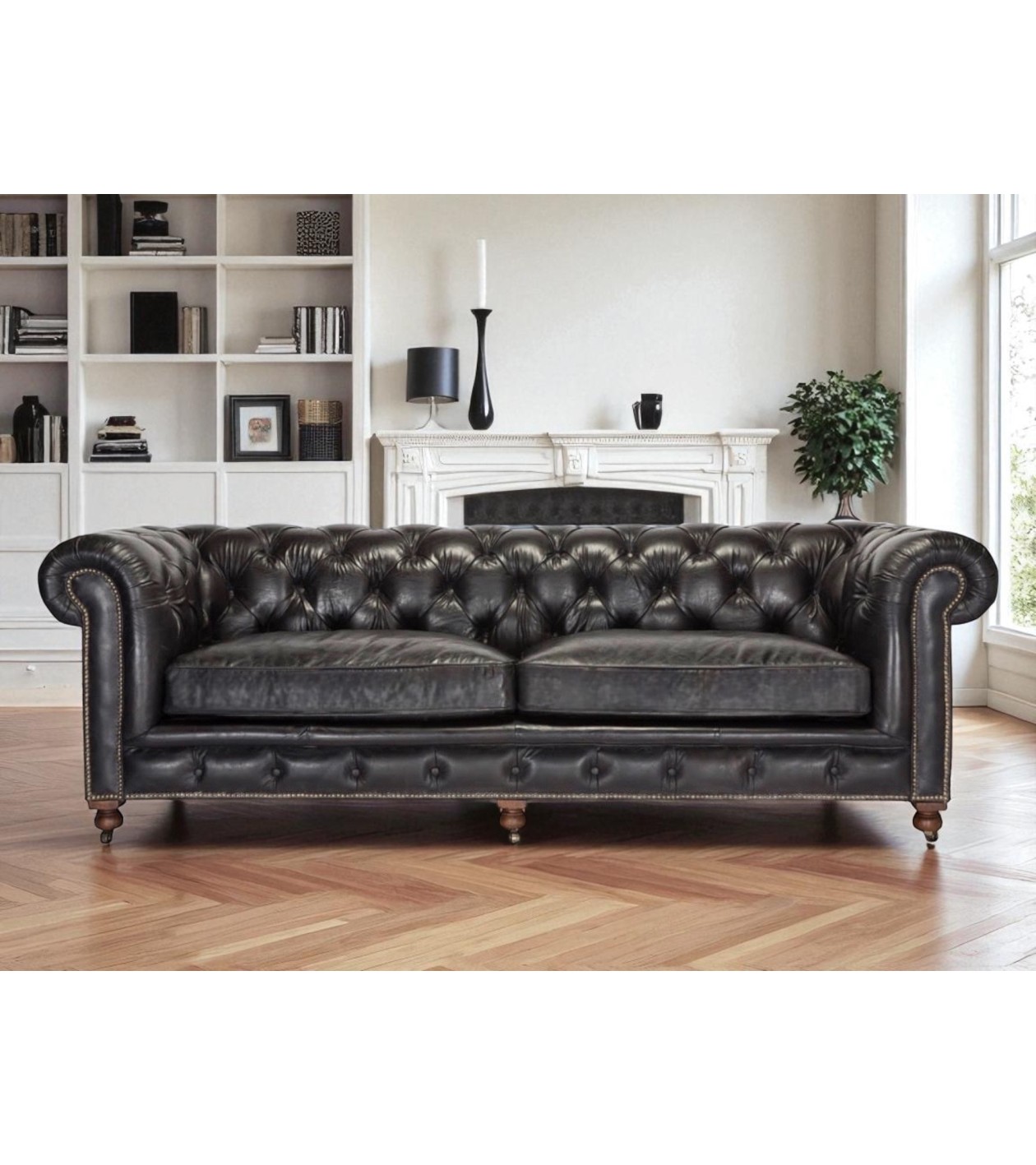 Canapé Chesterfield cuir noir patiné "Clyde" Canapé Chesterfield cuir noir patiné "Clyde"