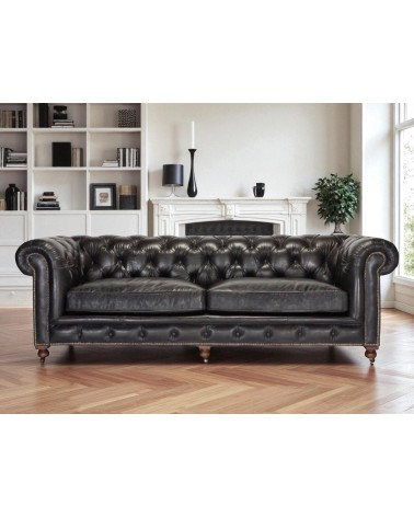 Canapé Chesterfield cuir noir patiné "Clyde"