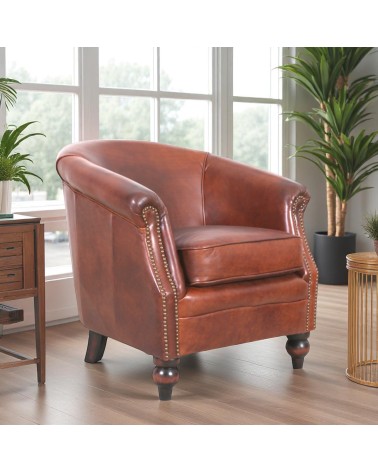Fauteuil club en cuir marron avec clous - modèle Yvy