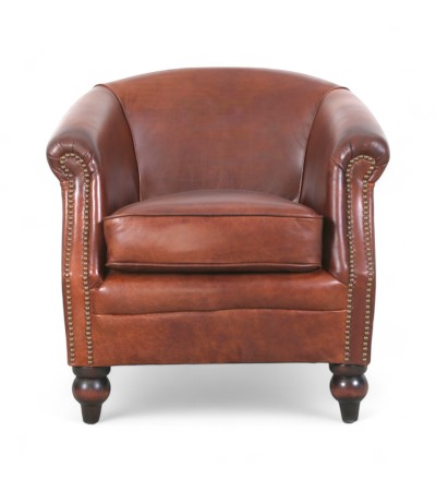 Fauteuil club en cuir marron avec clous - modèle Yvy