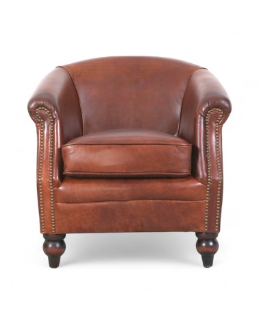 Fauteuil club en cuir marron avec clous - modèle Yvy
