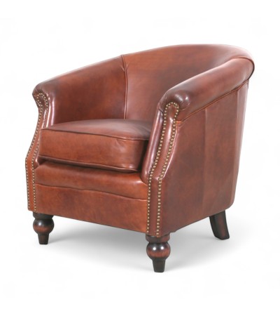 Fauteuil club en cuir marron avec clous - modèle Yvy