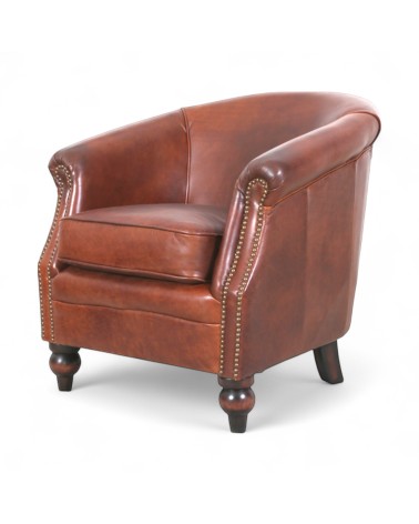 Fauteuil club en cuir marron avec clous - modèle Yvy