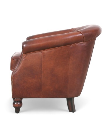 Fauteuil club en cuir marron avec clous - modèle Yvy