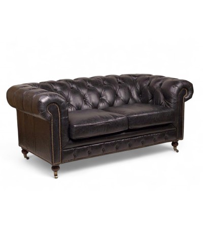 Canapé Chesterfield cuir vintage noir 2 places "Lancelot"