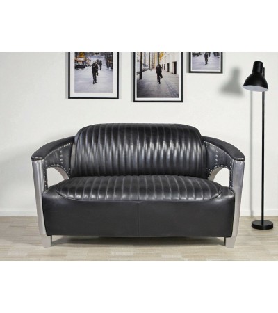 Aviator Sofa aus schwarzem Leder und Metall "Byrd"