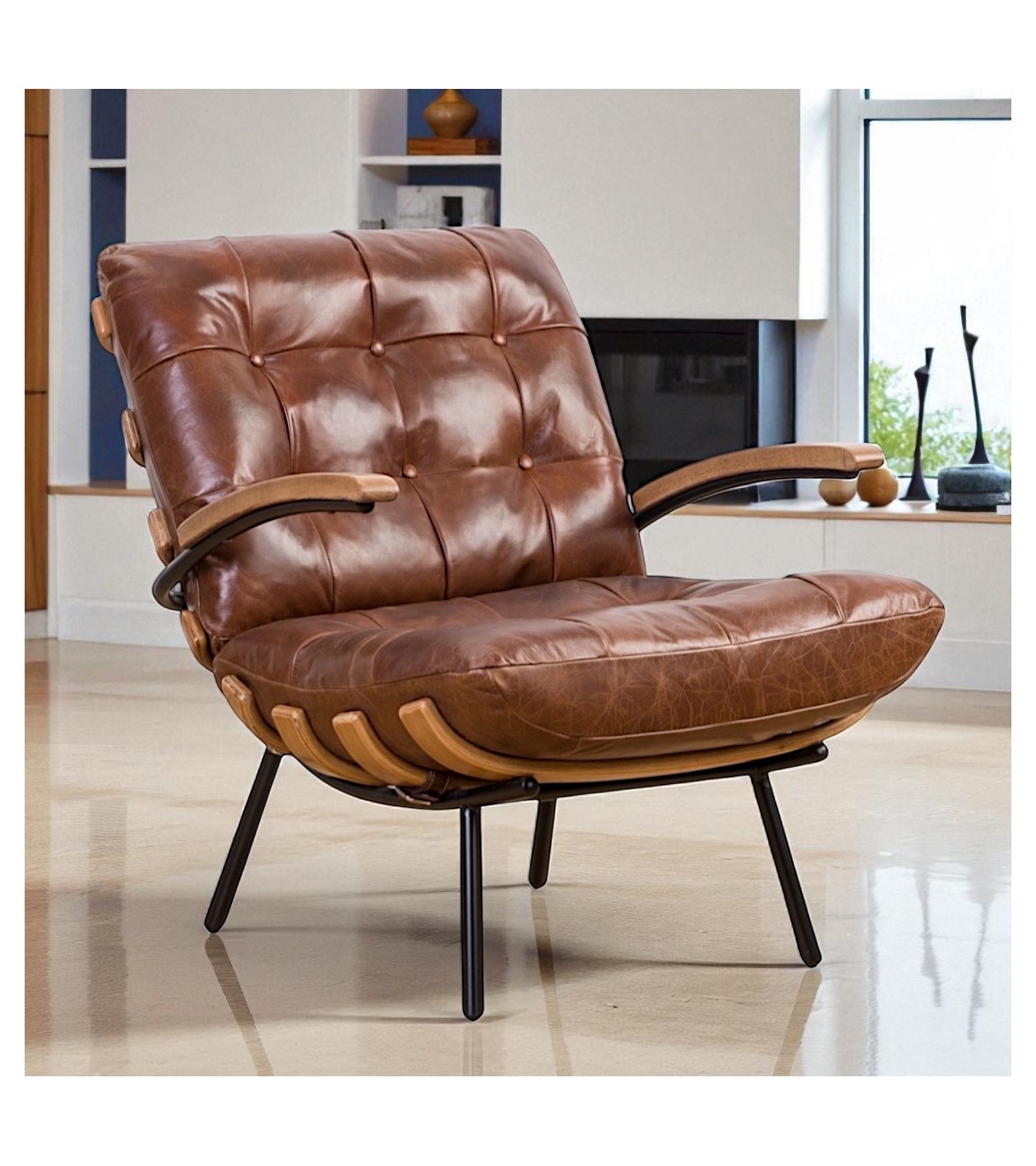 Design Sessel aus braunem Leder und geschnitztem Holz "Rhys"