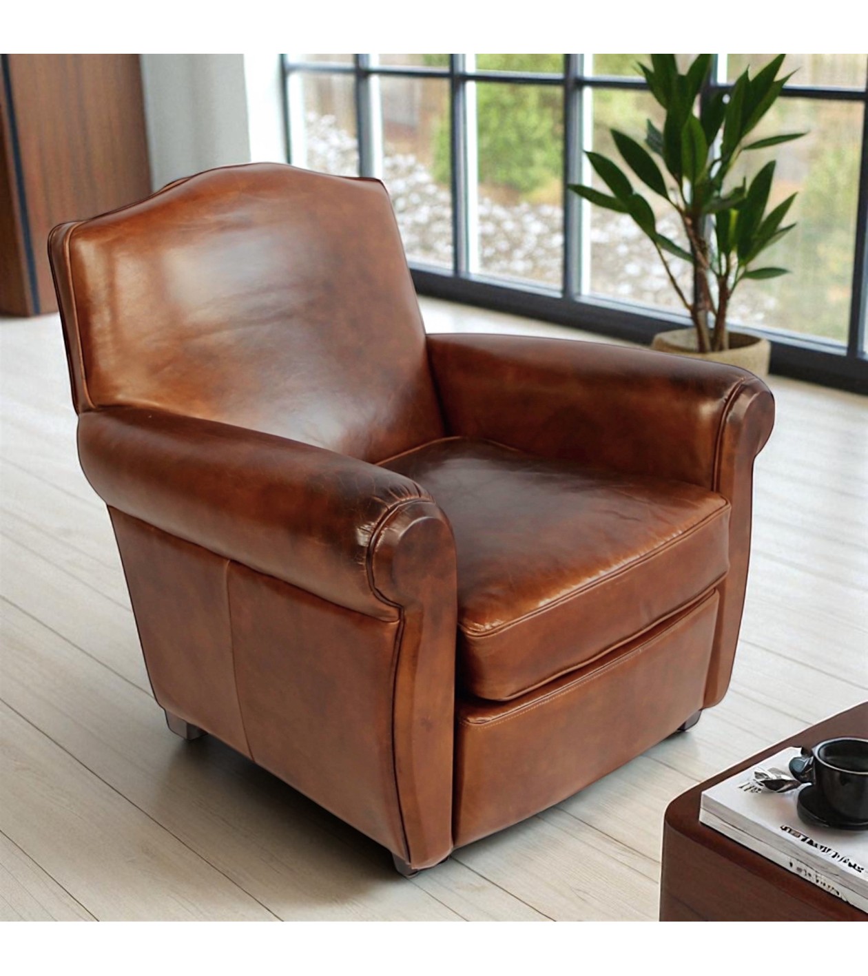 Fauteuil club cuir brun style rétro "Grandfather" Fauteuil club cuir brun style rétro "Grandfather"