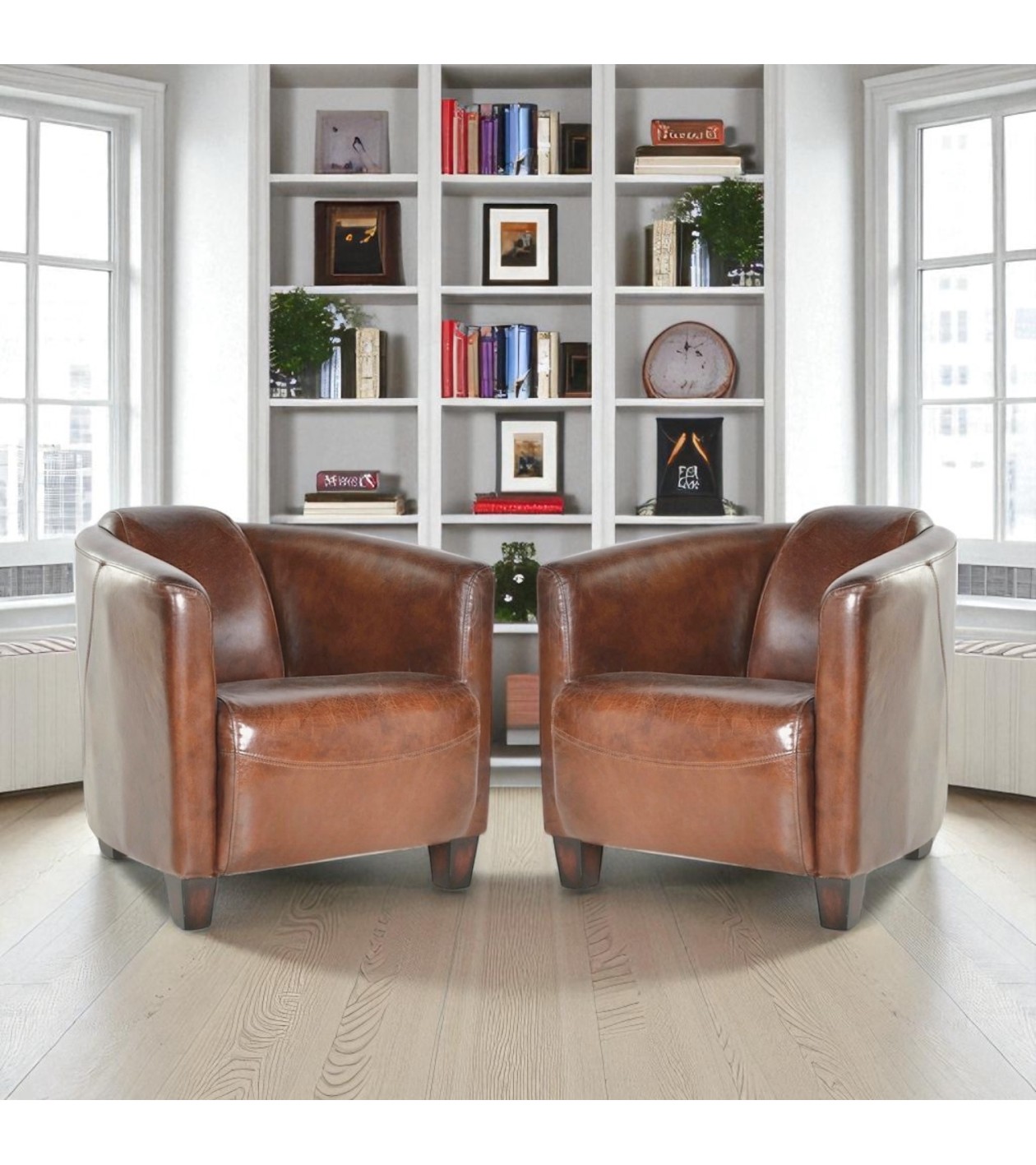 Ensemble de deux fauteuils Club en cuir marron "Billy"