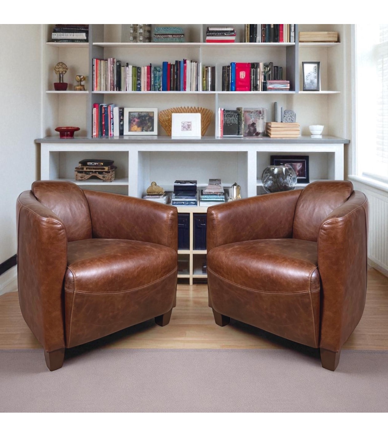 Lot de 2 fauteuils club cuir marron "Joe"