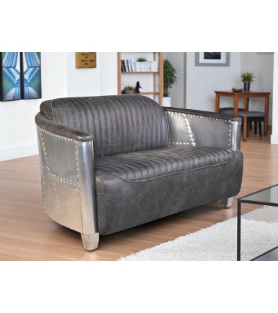 Canapé Aviateur Cuir gris Vintage 2 places "Montgomery"