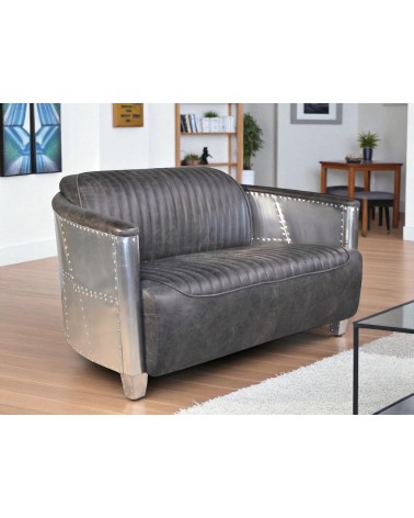 Canapé Aviateur Cuir gris Vintage 2 places "Montgomery"