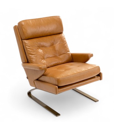 Design-Sessel und Fusshocker aus hellbraunem Leder und Metall "Leopold"