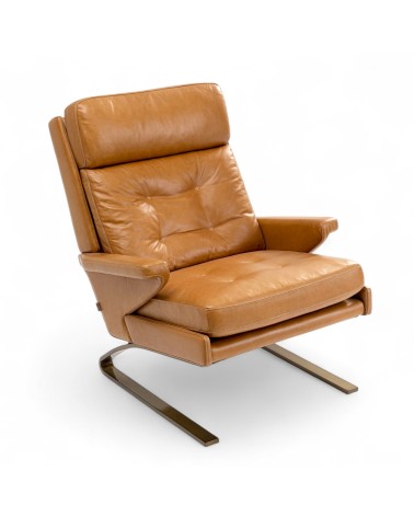 Design-Sessel und Fusshocker aus hellbraunem Leder und Metall "Leopold"