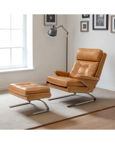 Design-Sessel und Fusshocker aus hellbraunem Leder und Metall "Leopold"
