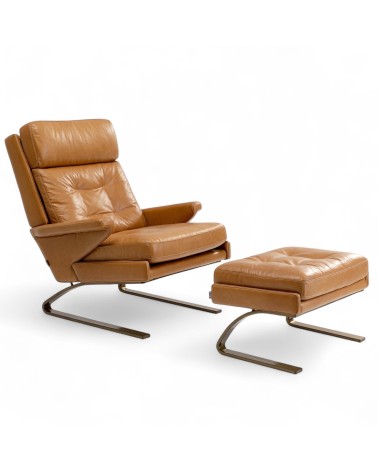 Design-Sessel und Fusshocker aus hellbraunem Leder und Metall "Leopold"