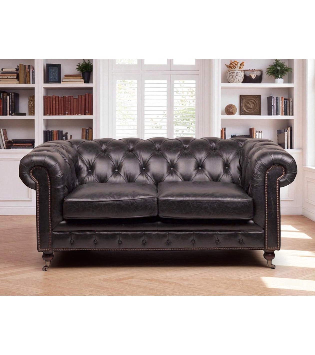 Canapé Chesterfield cuir vintage noir 2 places "Lancelot"