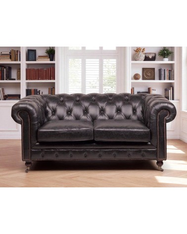 Canapé Chesterfield cuir vintage noir 2 places "Lancelot"