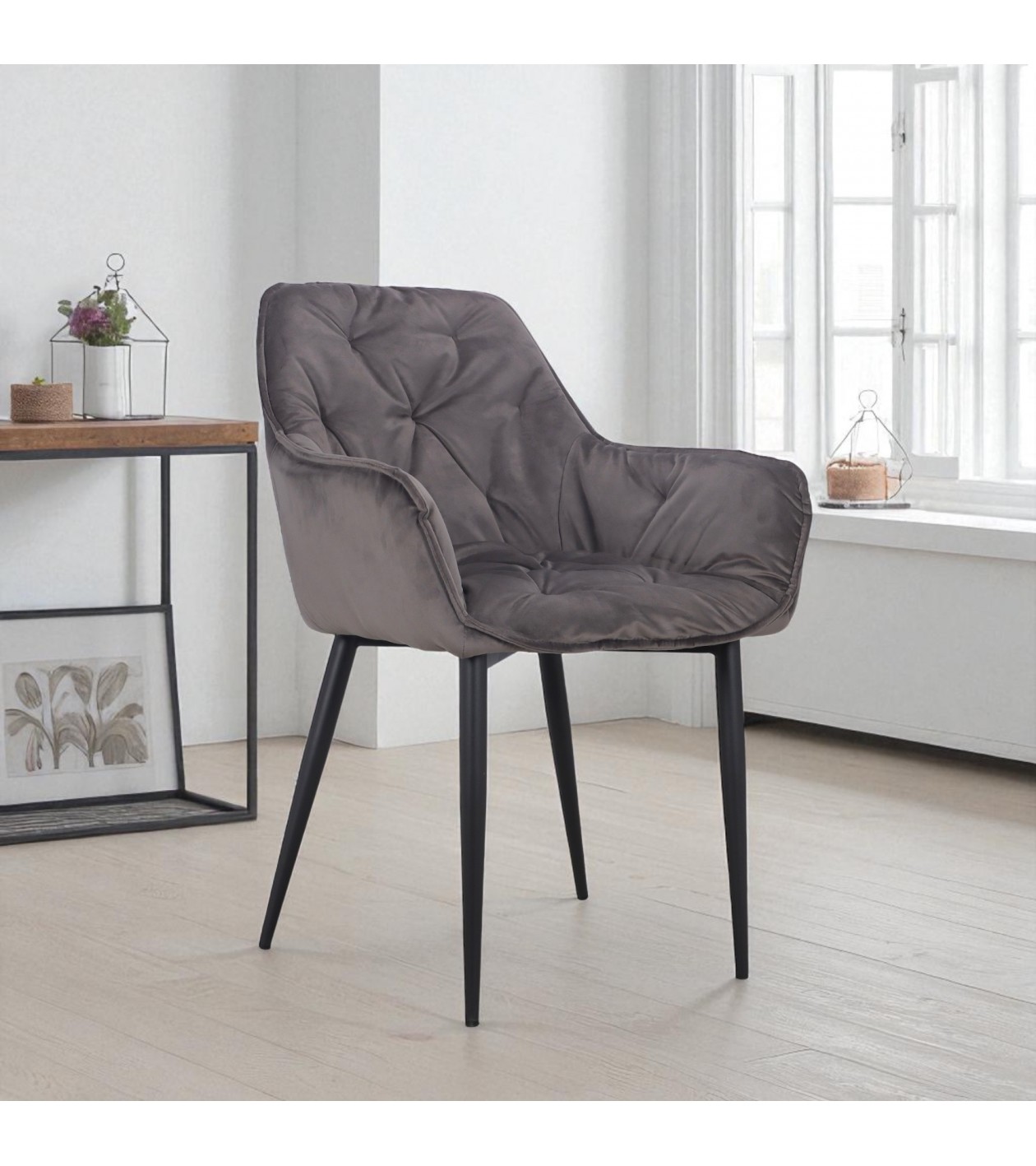 Chaise capitonnée velours gris pieds métal "Cassie"