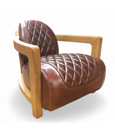 Fauteuil cuir marron vintage et bois - modèle Newman