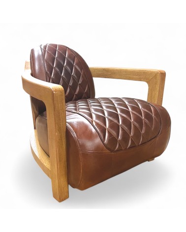 Fauteuil cuir marron vintage et bois - modèle Newman